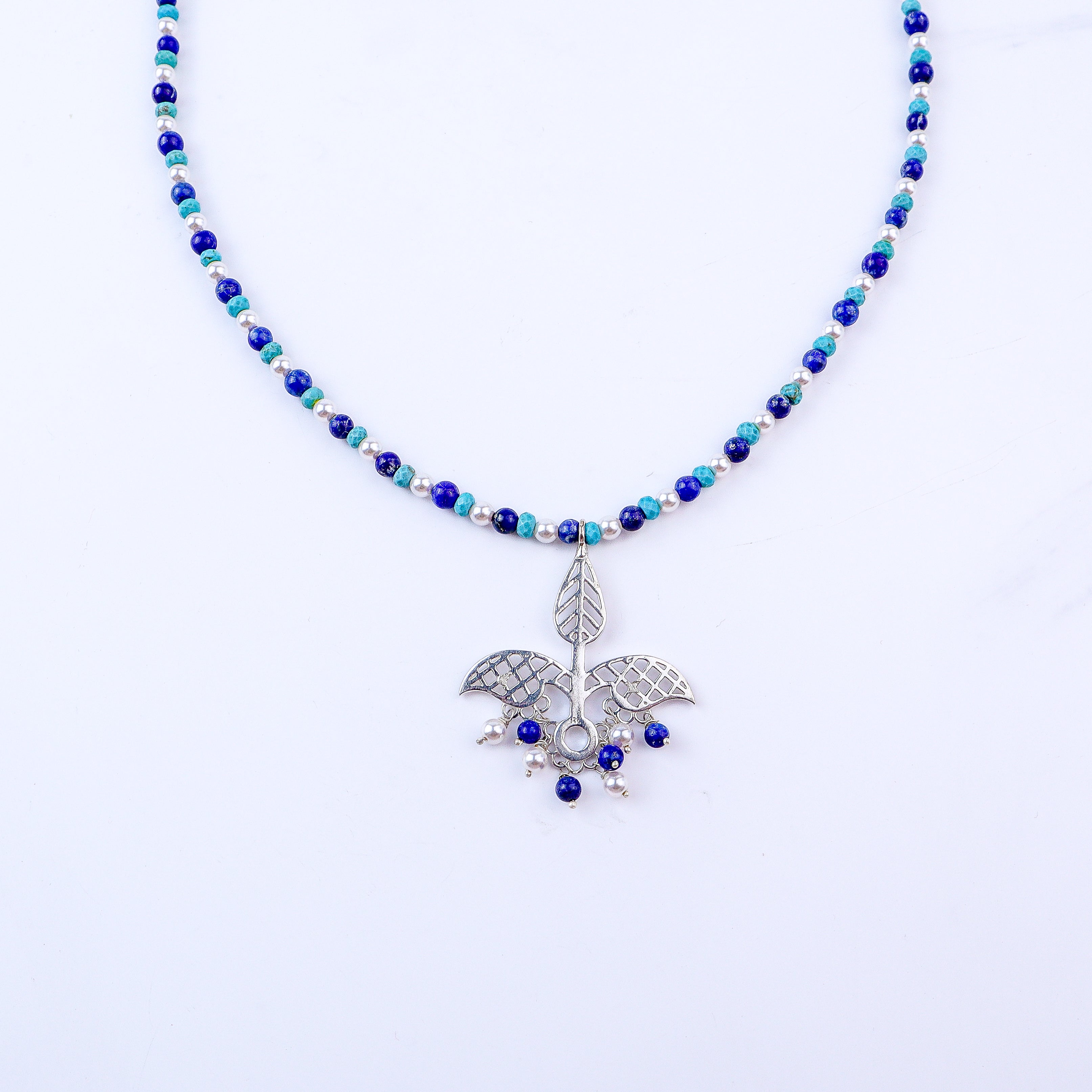 Leaf Filigree Pendant Necklace with Semiprecious Stones