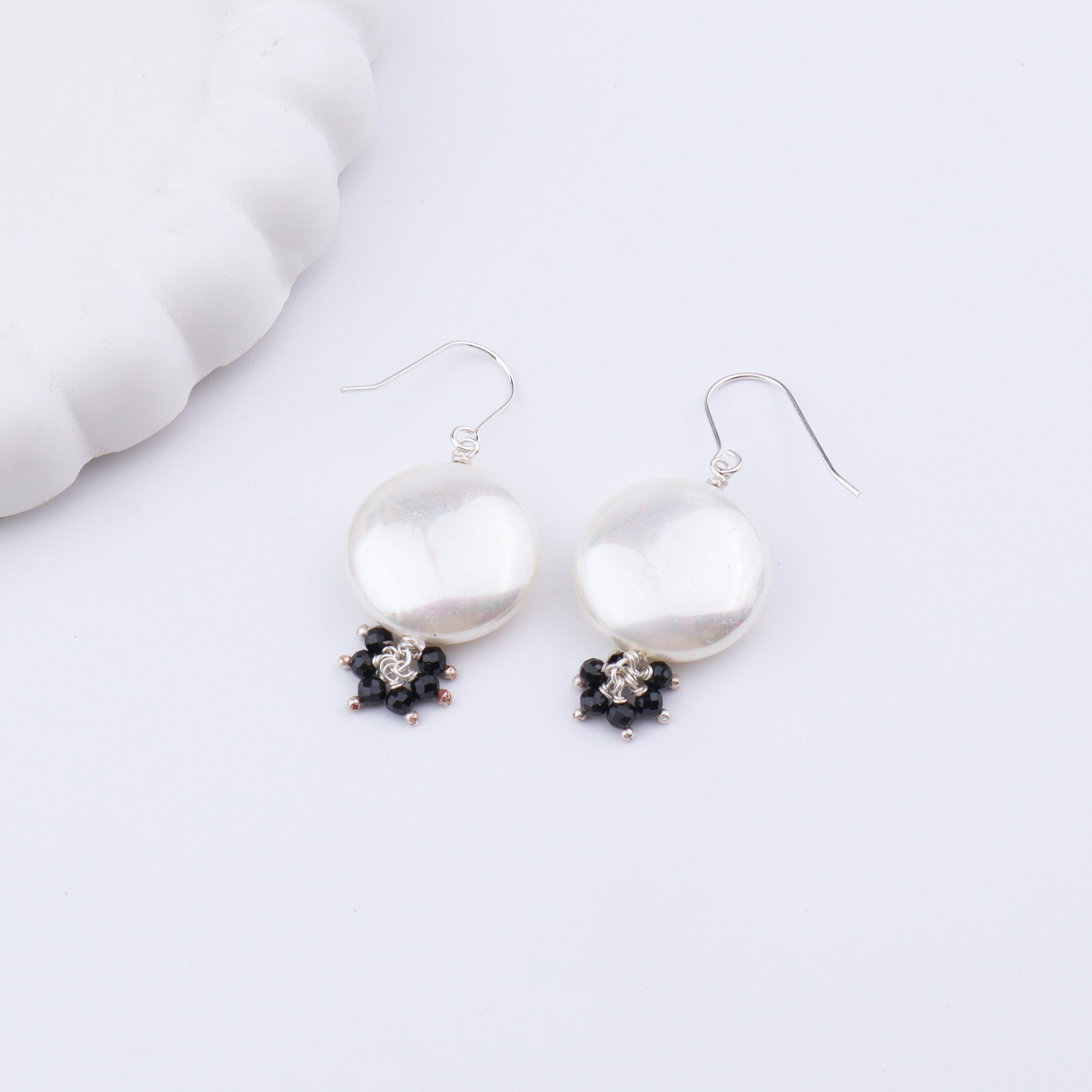 Coin Pearl Earrings with Black Spinels