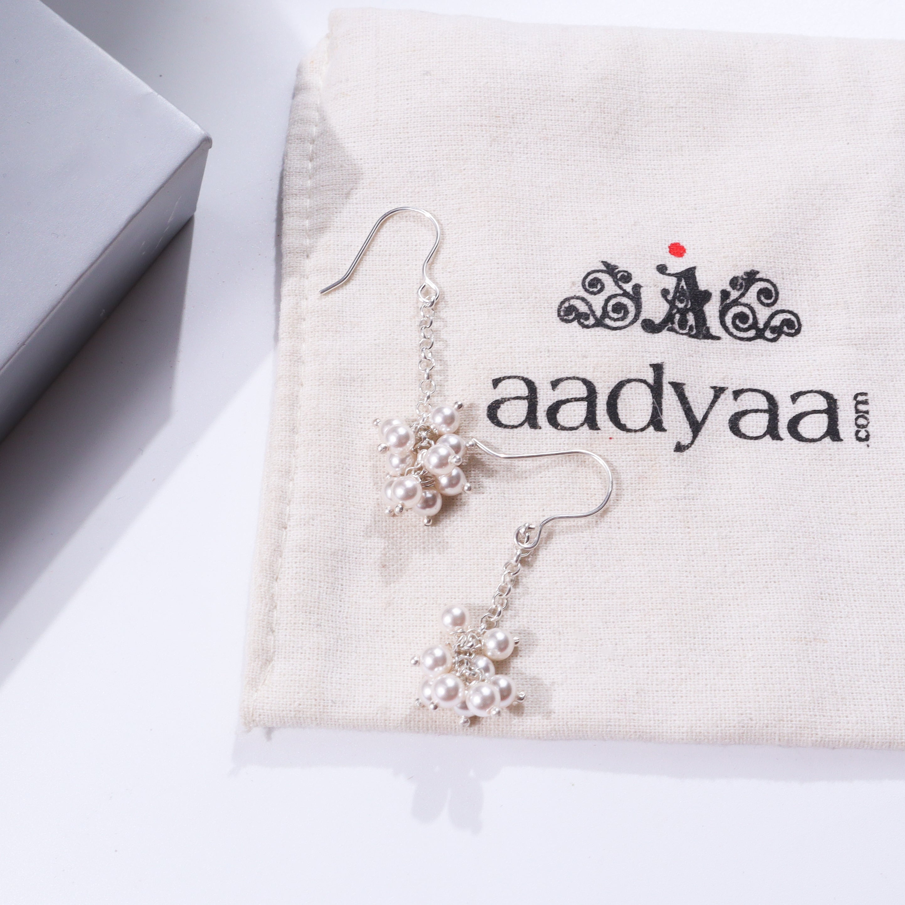 Silver Pearl Earrings with Chain