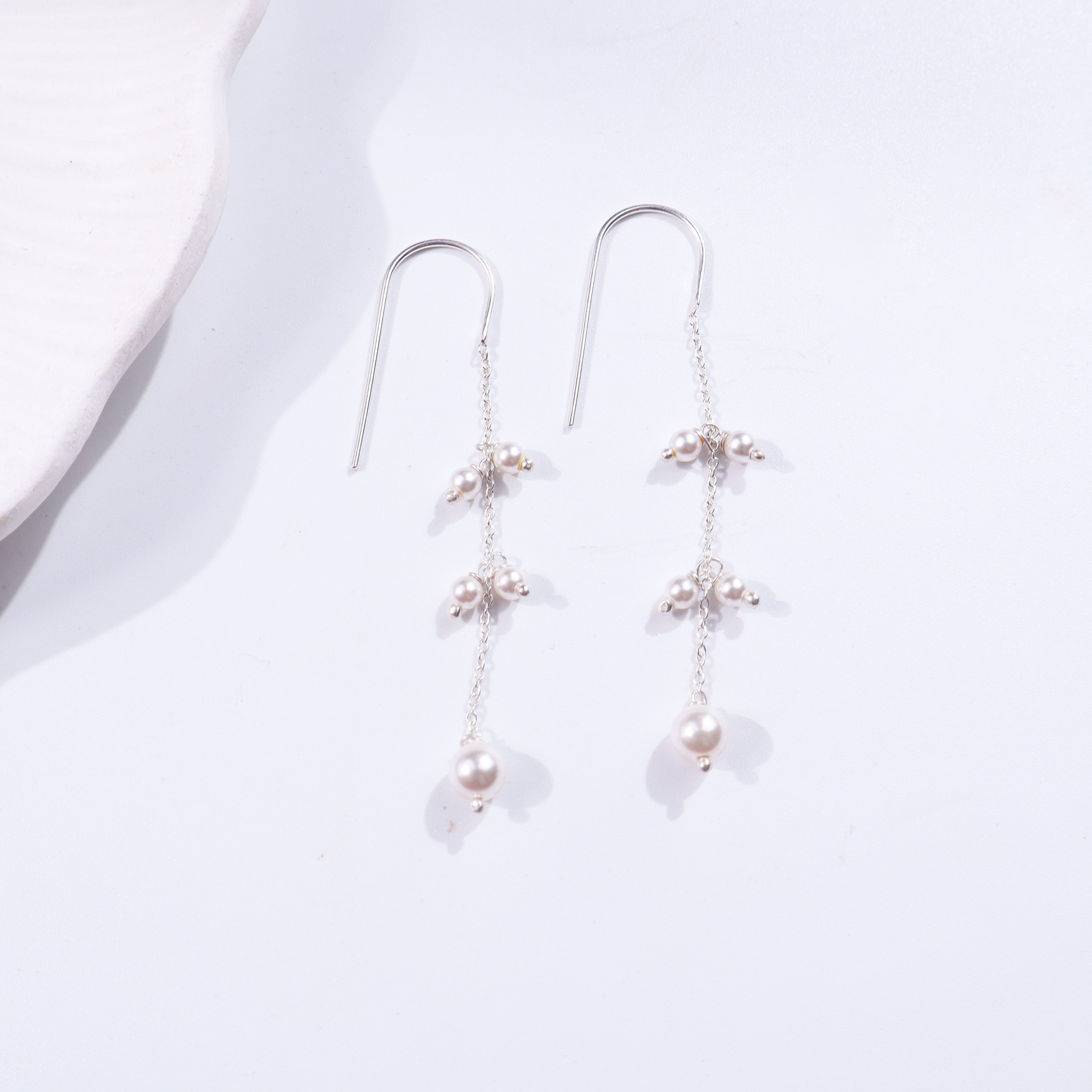 Elegant pearl danglers with silver chain and hooks