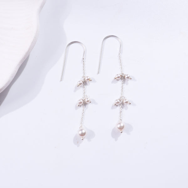 Elegant pearl danglers with silver chain and hooks
