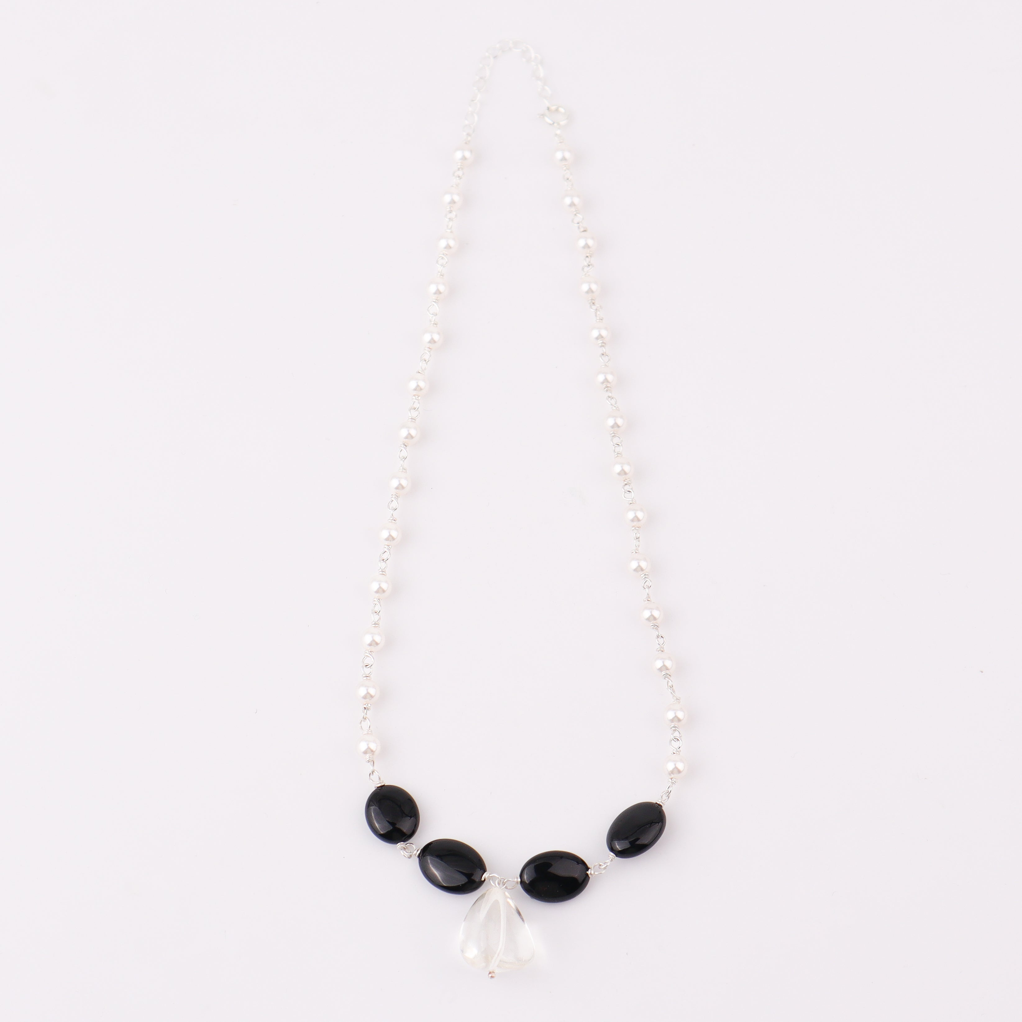Silver Pearl Ganthan Necklace with Black Spinel  and Crystal