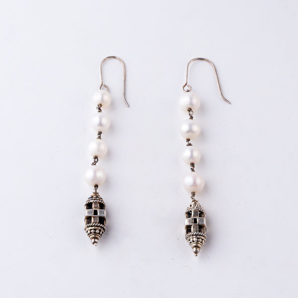Silver pendant earrings with carved bead in 92.5 sterling silver