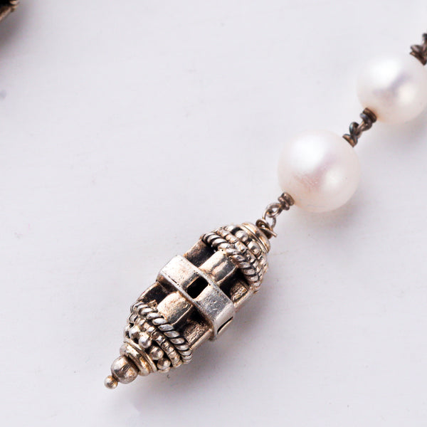 Silver carved bead pendant earrings artisanal design
