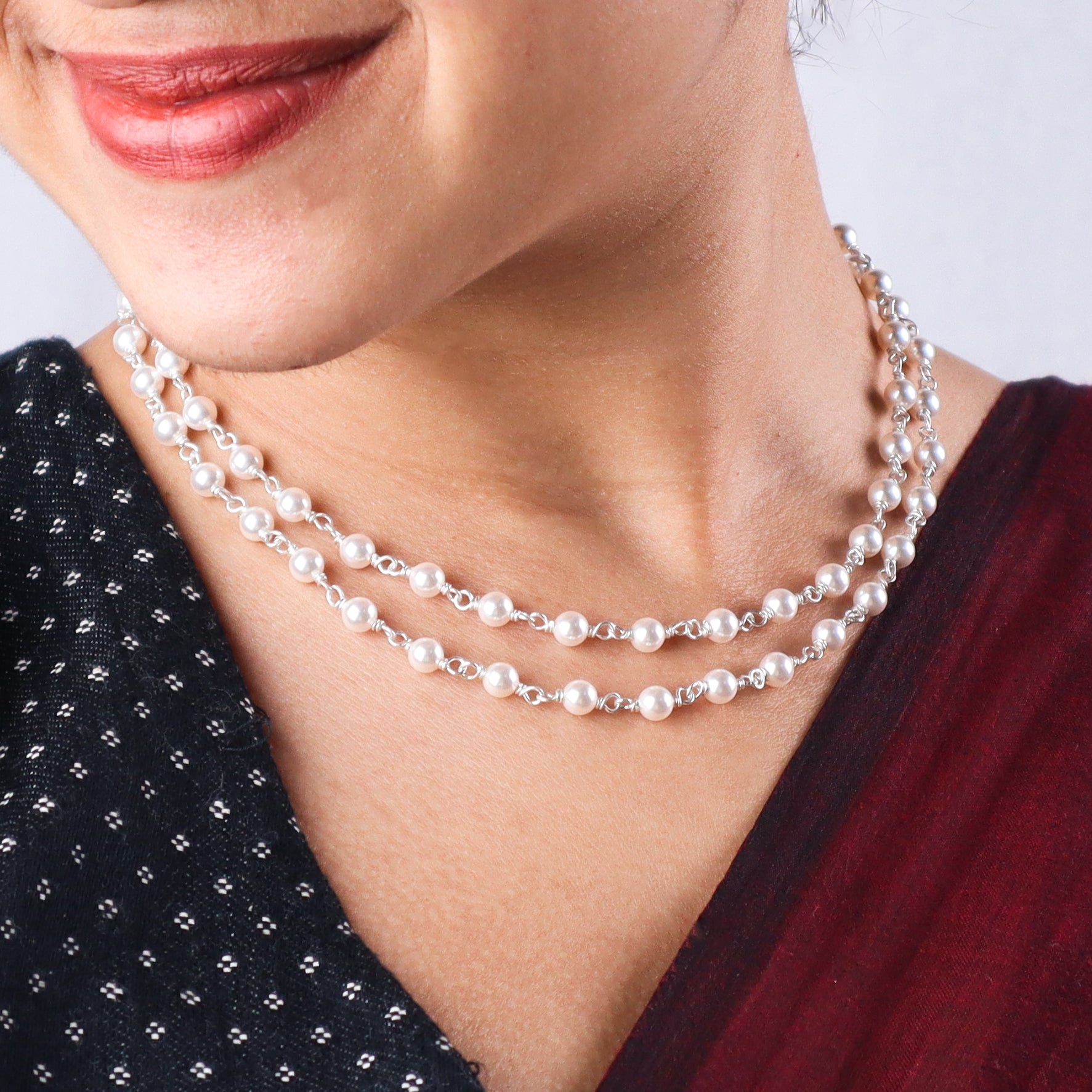 Silver Double Layered Pearl Ganthan Necklace