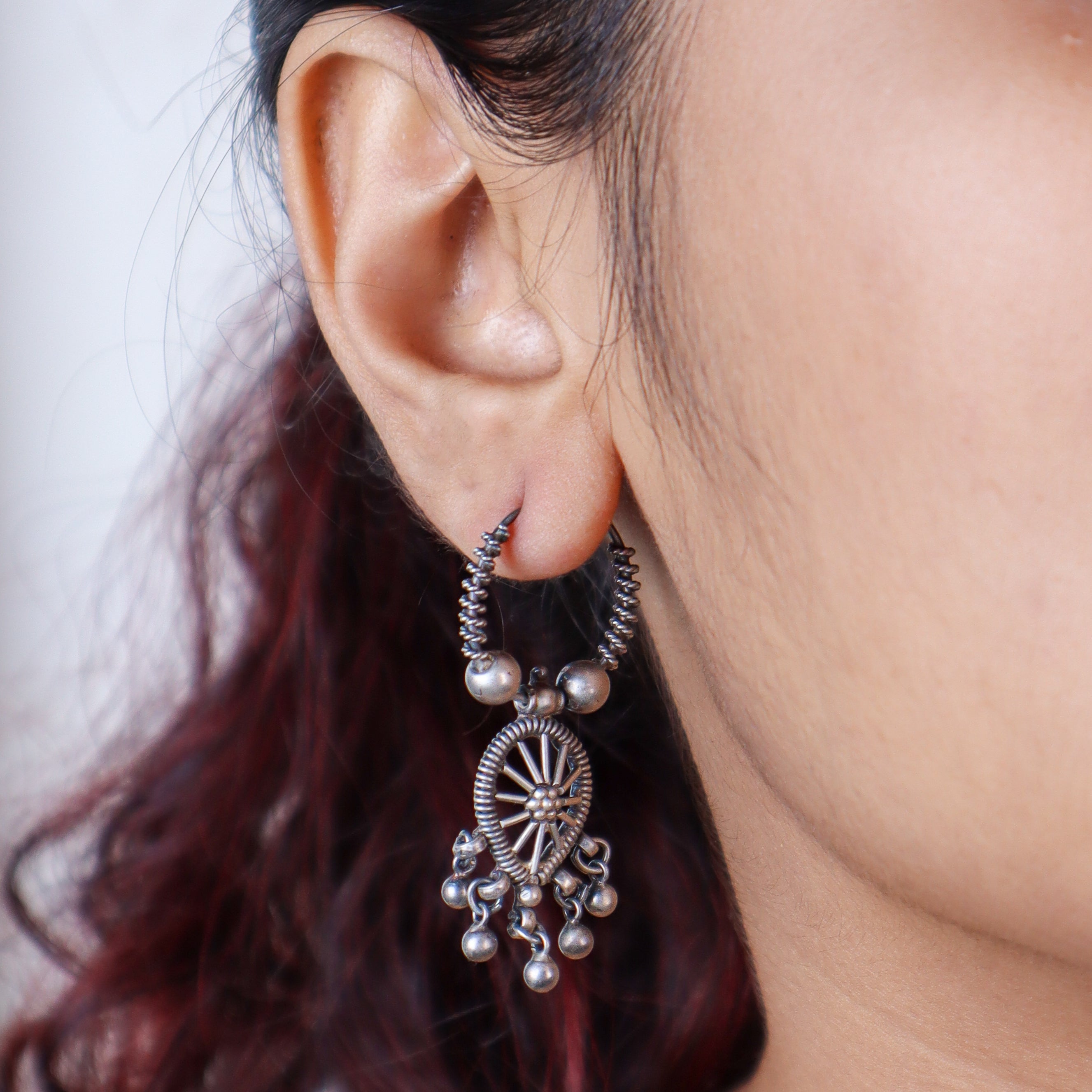 tribal detailing on oxidized silver earrings