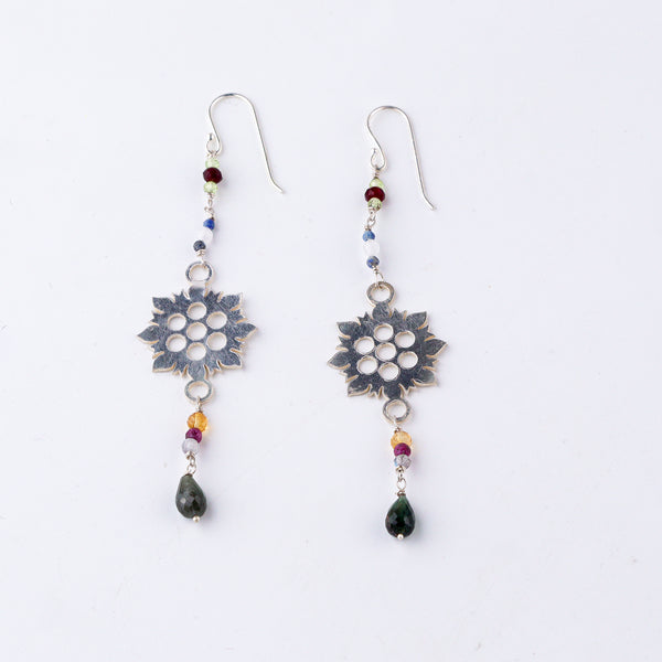 Silver filigree dangler earrings with multicolour stones