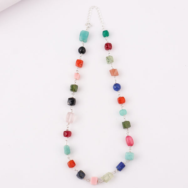 Silver chain with multicolor gemstone beads, fashionable jewelry accessory
