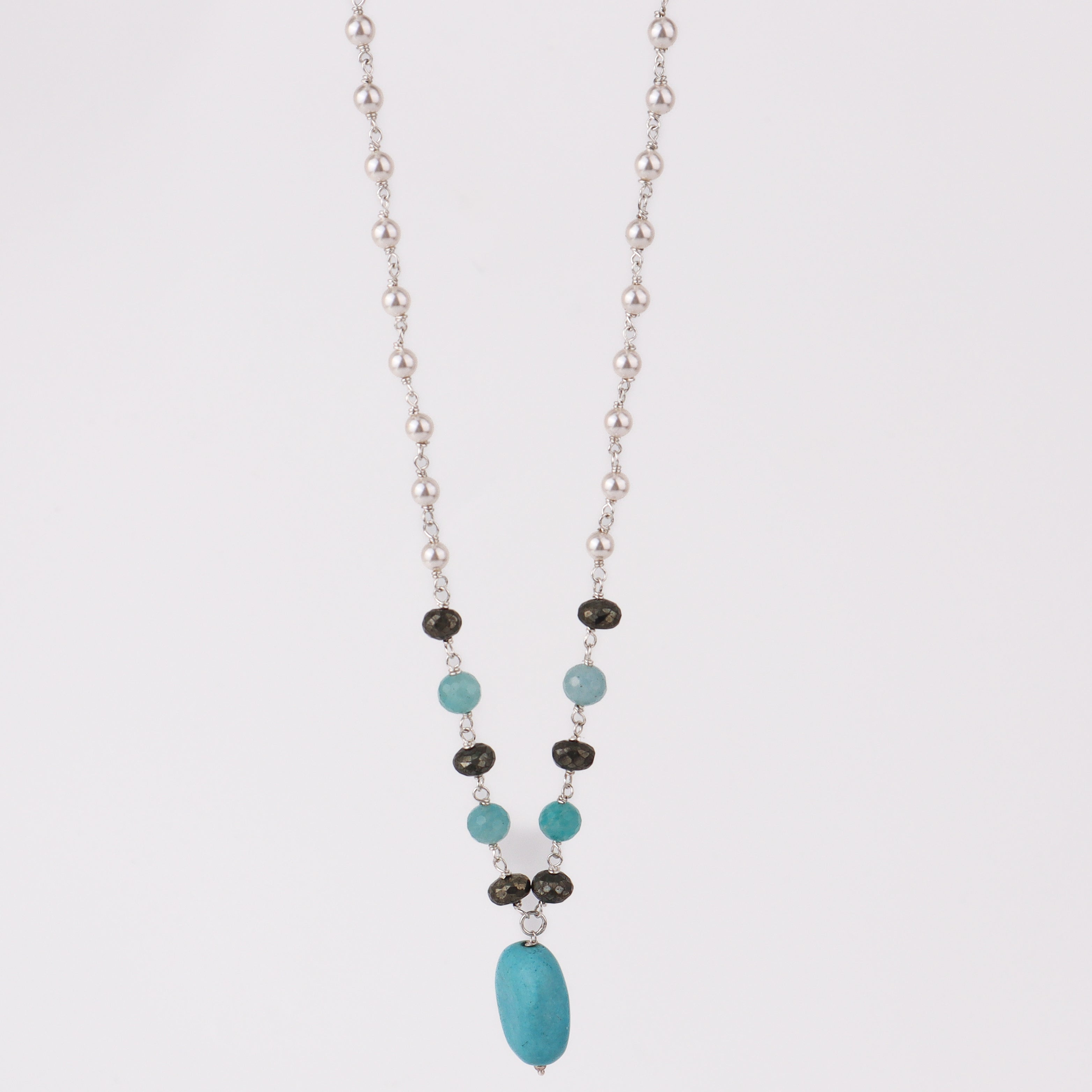 Silver Pearl Ganthan Necklace with Pyrite and Terquoise