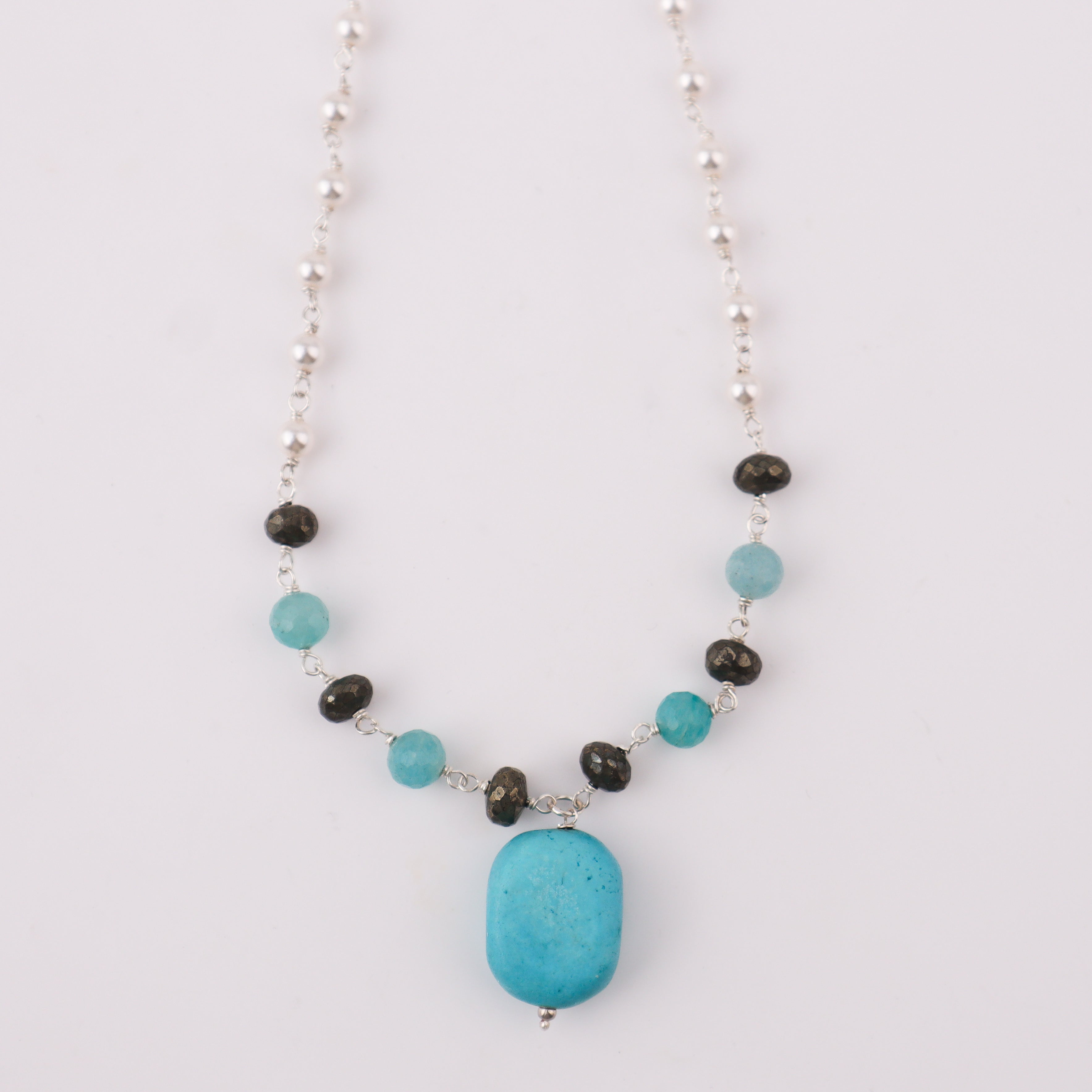 Silver Pearl Ganthan Necklace with Pyrite and Terquoise