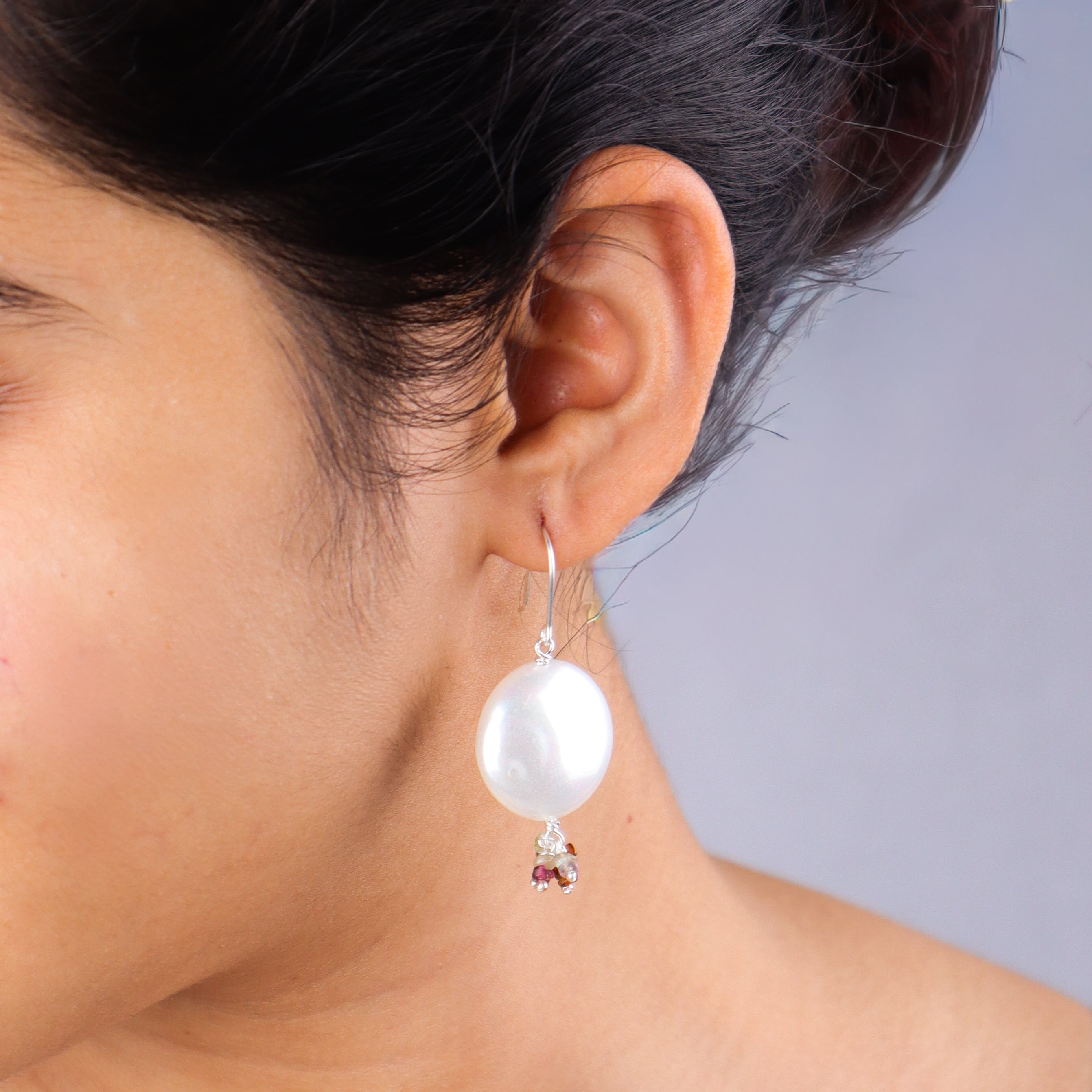 Multicolour Coin Pearl Silver Earrings