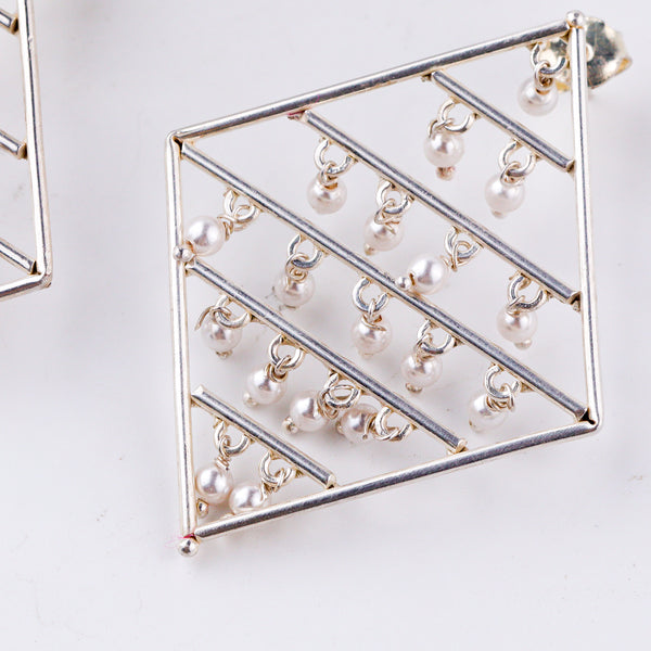 Silver earrings on display
