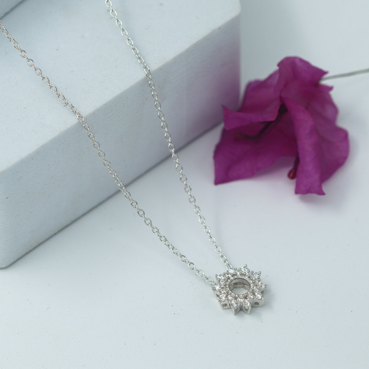 Silver CZ Sunburst Pendant Necklace