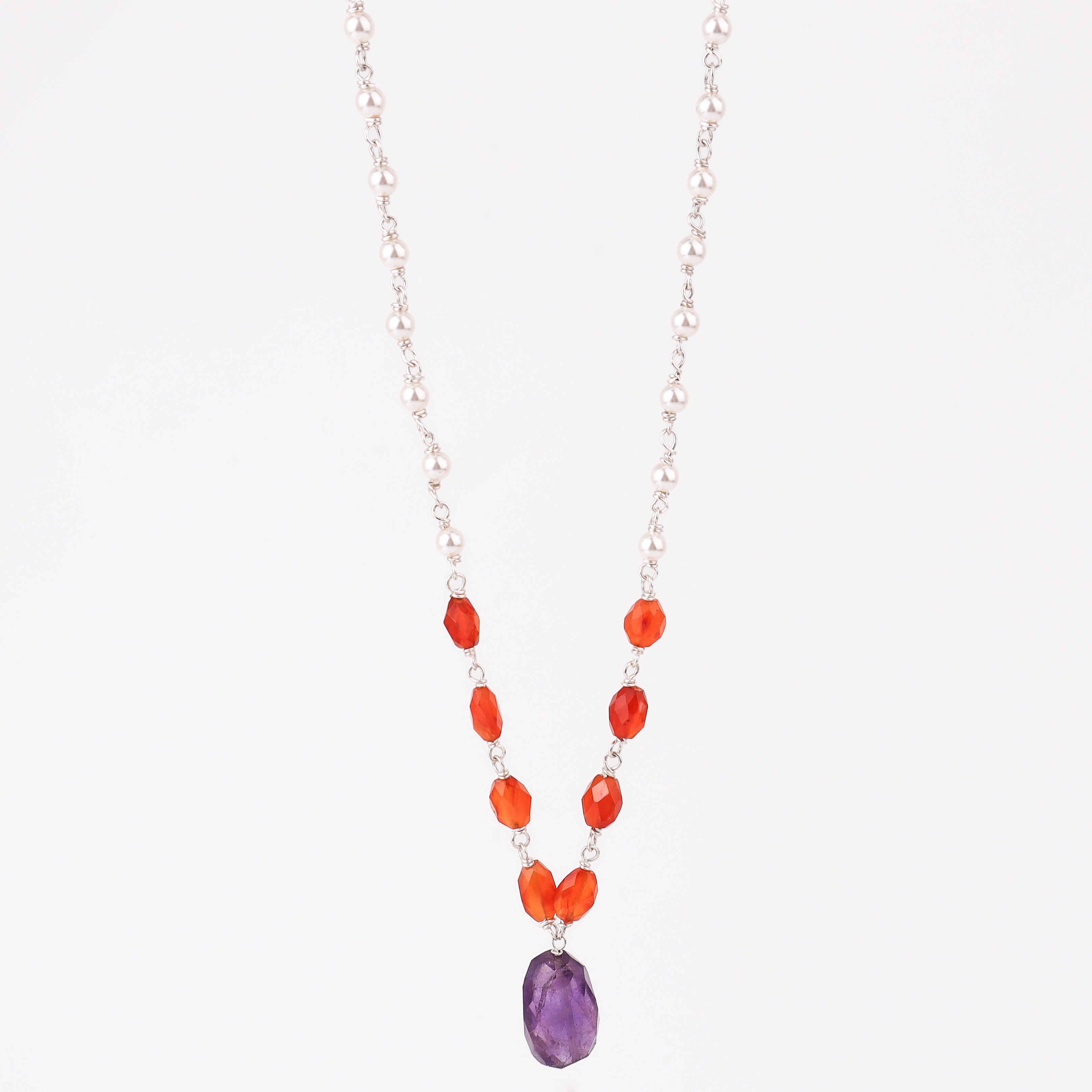 Silver Pearl Ganthan Necklace with Amethyst and Carnelian