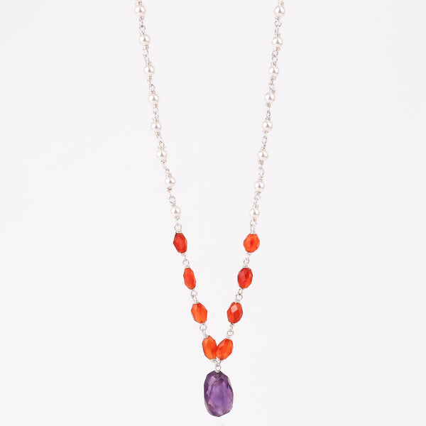 Silver Pearl Ganthan Necklace with Amethyst and Carnelian, jewelry for women