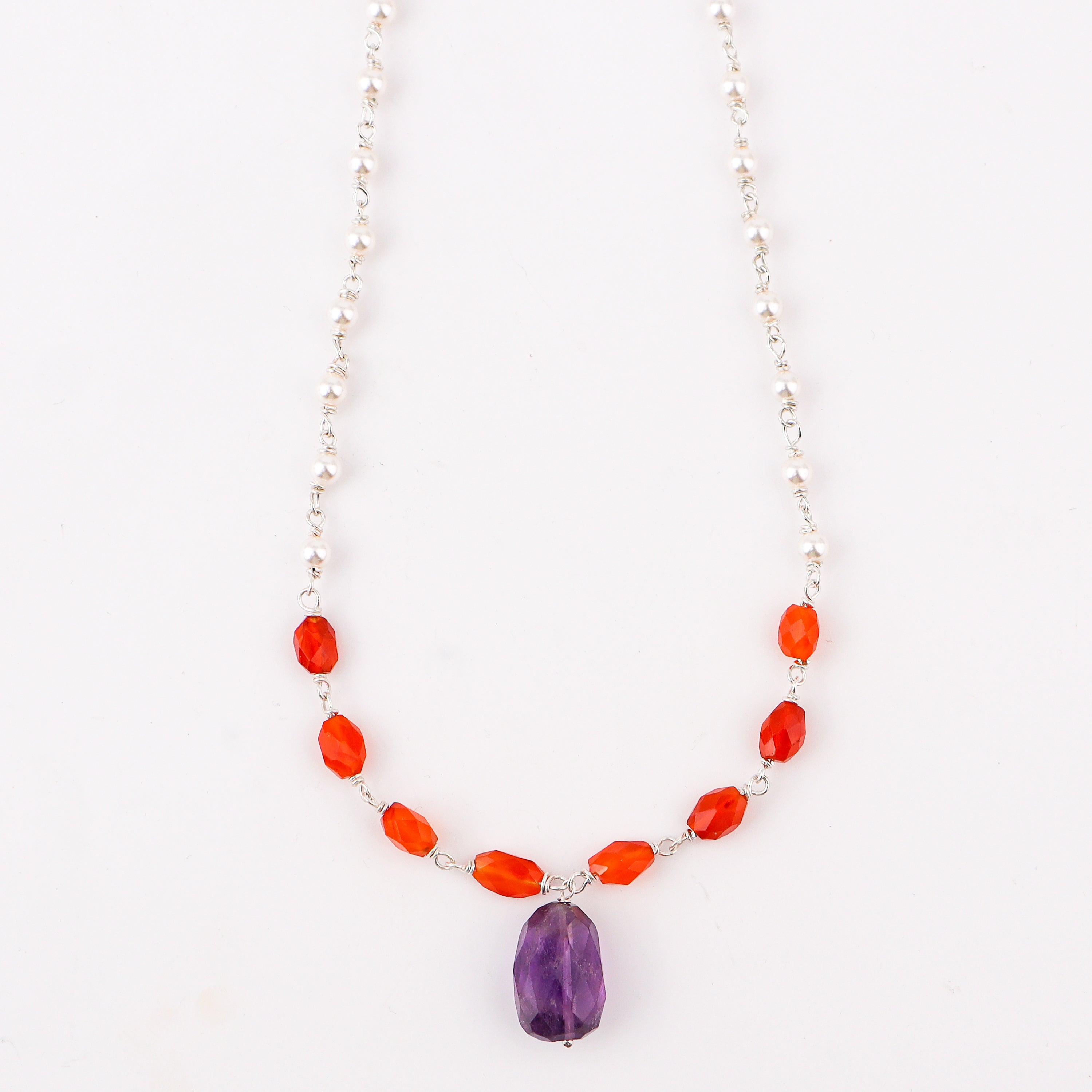 Silver Pearl Ganthan Necklace with Amethyst and Carnelian