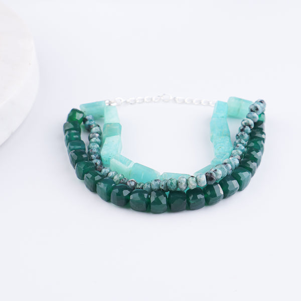 Green Onyx, Green Jade & Amazonite Silver Bracelet (Project Handmade)