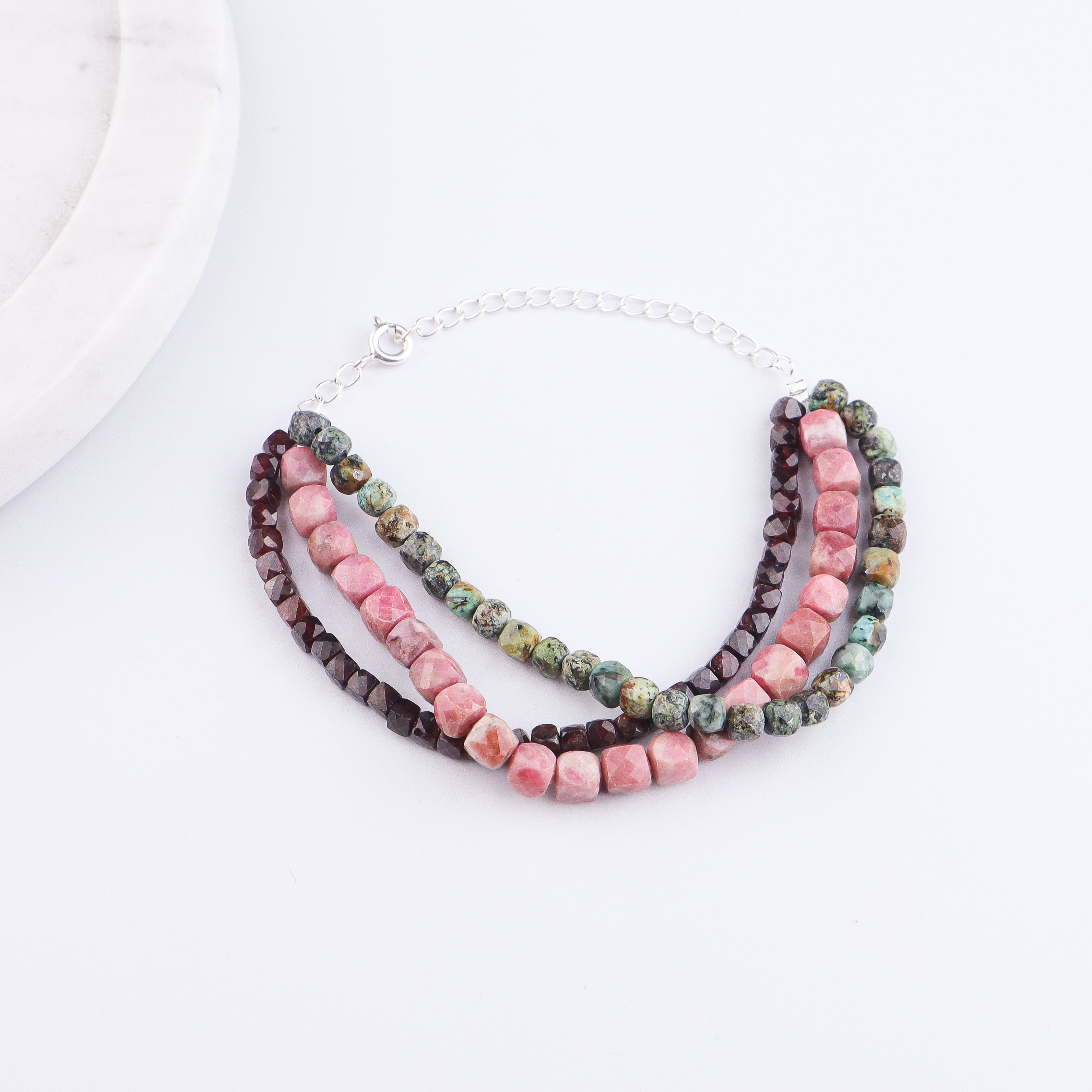 Rose Quartz, Garnet & Firoza Silver Bracelet (Project Handmade)
