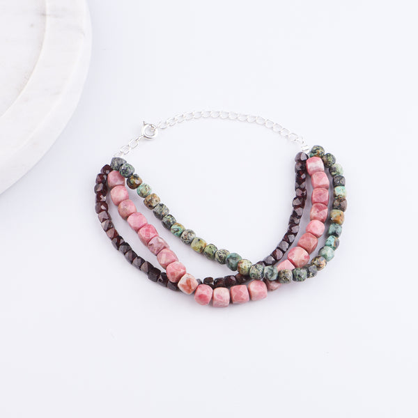Rose Quartz, Garnet & Firoza Silver Bracelet (Project Handmade)