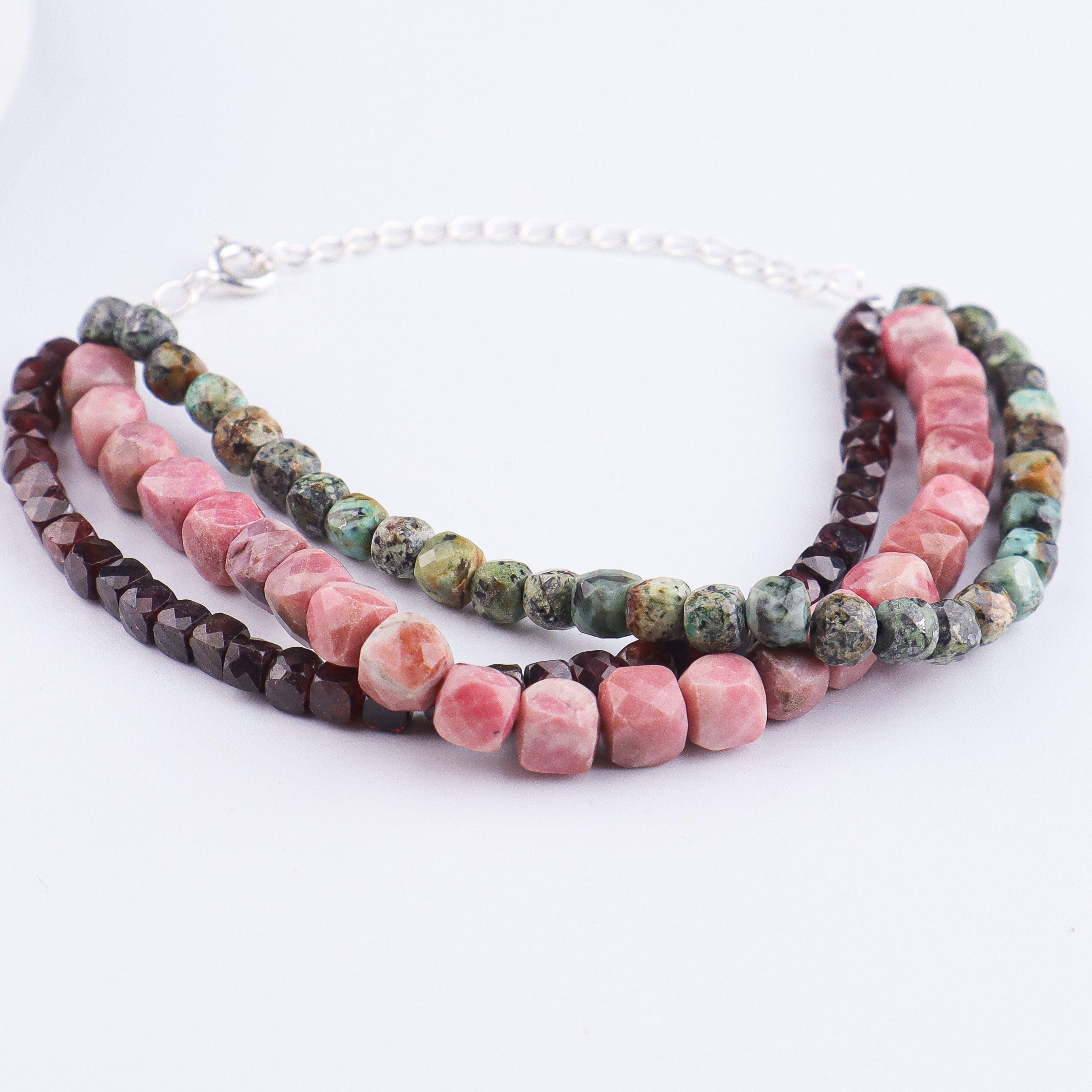 Rose Quartz, Garnet & Firoza Silver Bracelet (Project Handmade)