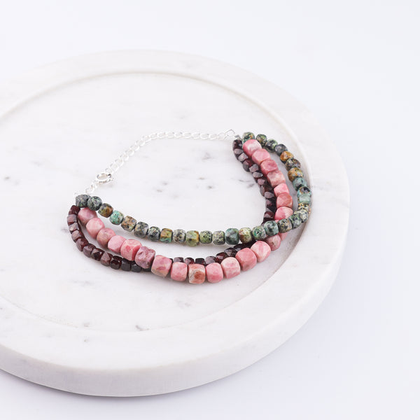 Rose Quartz, Garnet & Firoza Silver Bracelet (Project Handmade)
