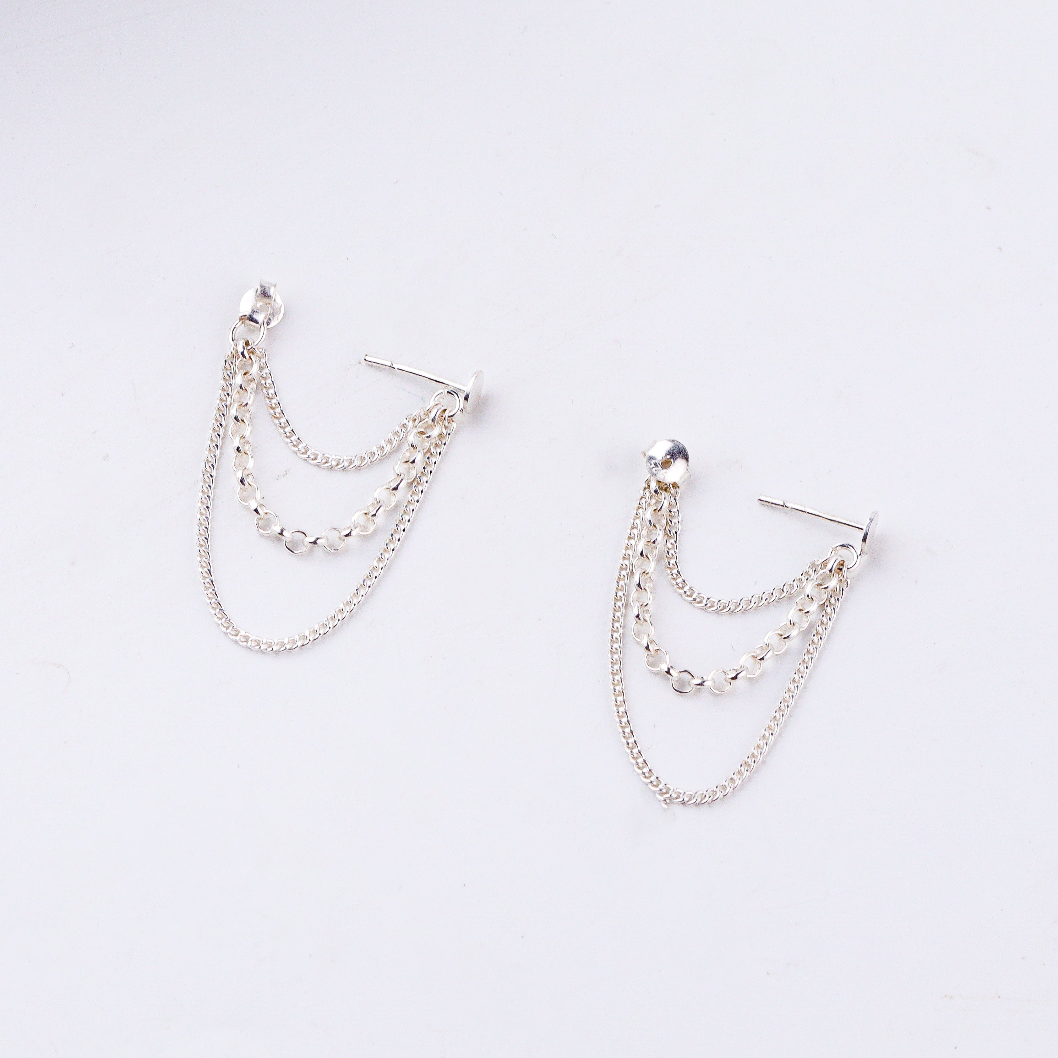 Silver three layer chain trinket earrings in 92.5 sterling silver