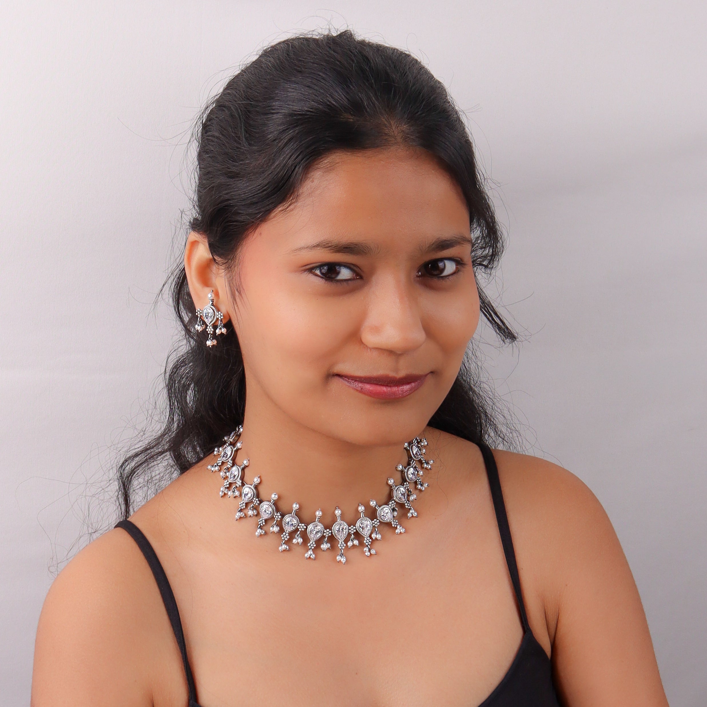 Oxidized Silver Laffa Tanmani Choker with intricate design