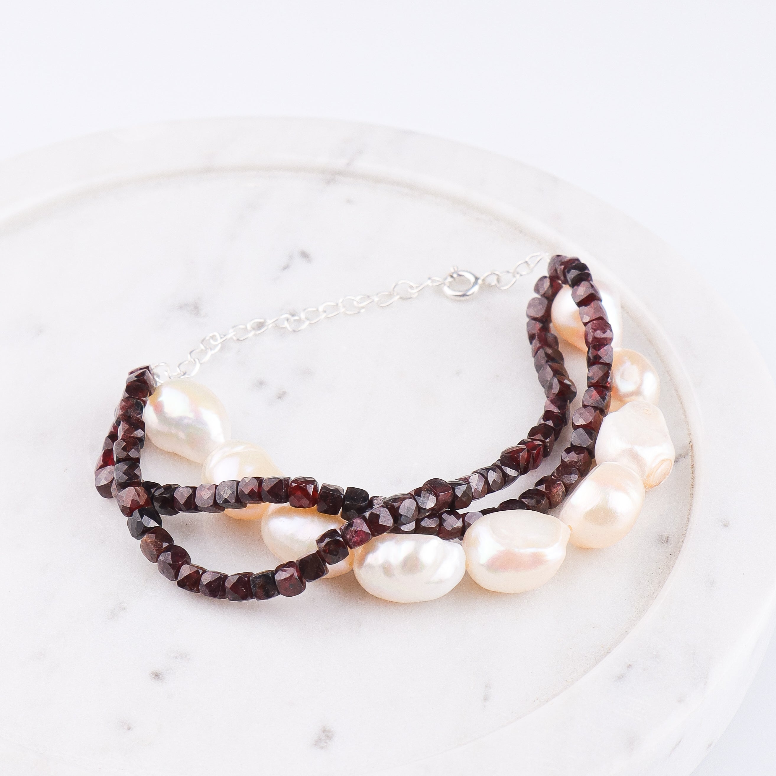 Freshwater Pearl & Garnet Silver Bracelet (Project Handmade)