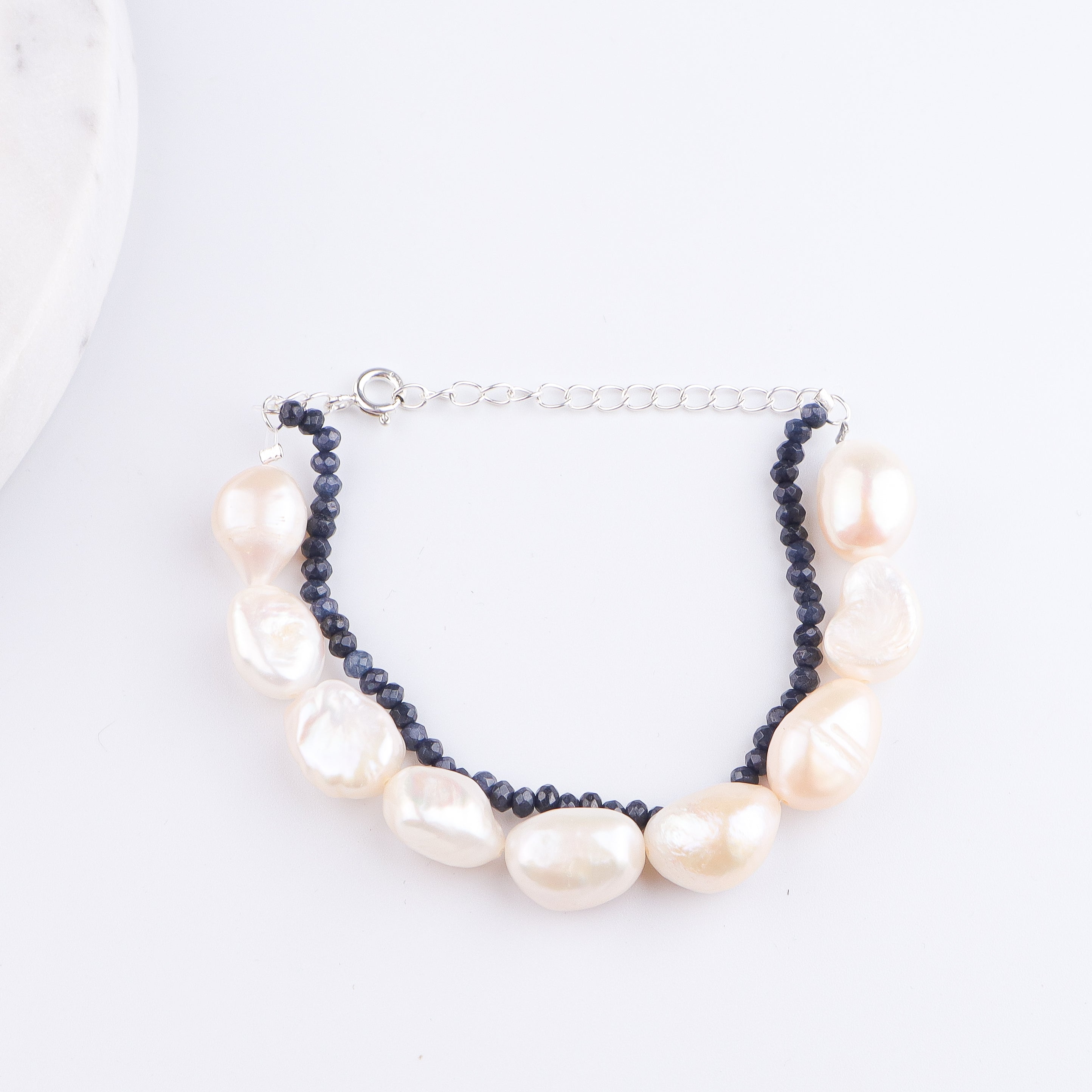 Freshwater Pearl & Blue Jade Silver Bracelet (Project Handmade)