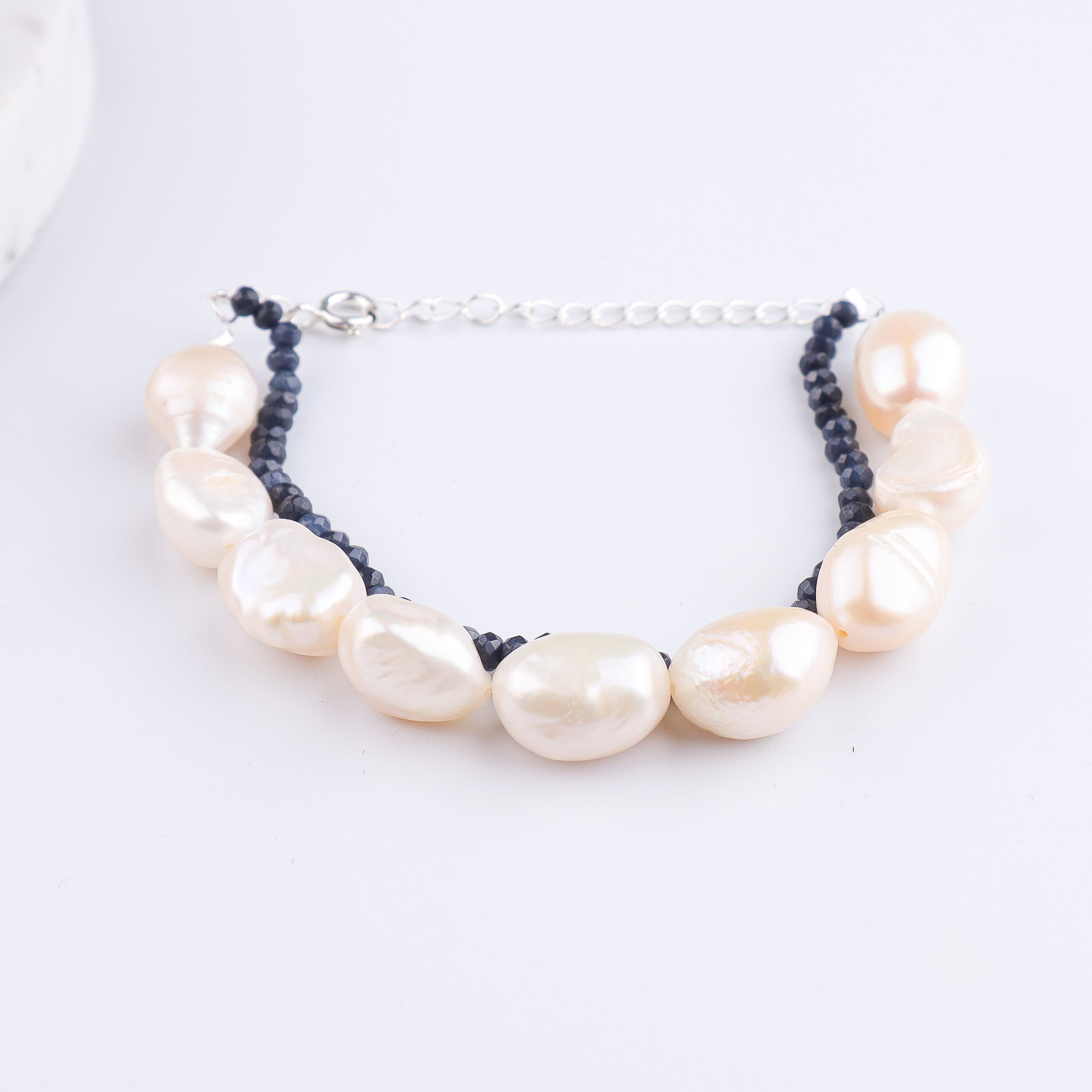 Freshwater Pearl & Blue Jade Silver Bracelet (Project Handmade)