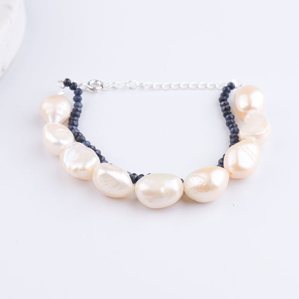 Freshwater Pearl & Blue Jade Silver Bracelet (Project Handmade)