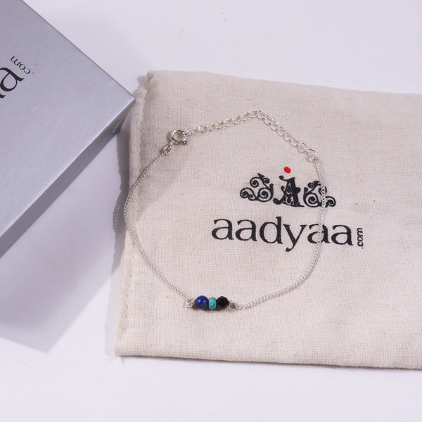 Silver bead bracelet with turquoise, lapis lazuli, black spinel