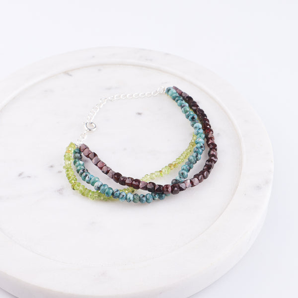 Green Jade, Garnet & Peridot Silver Bracelet (Project Handmade)