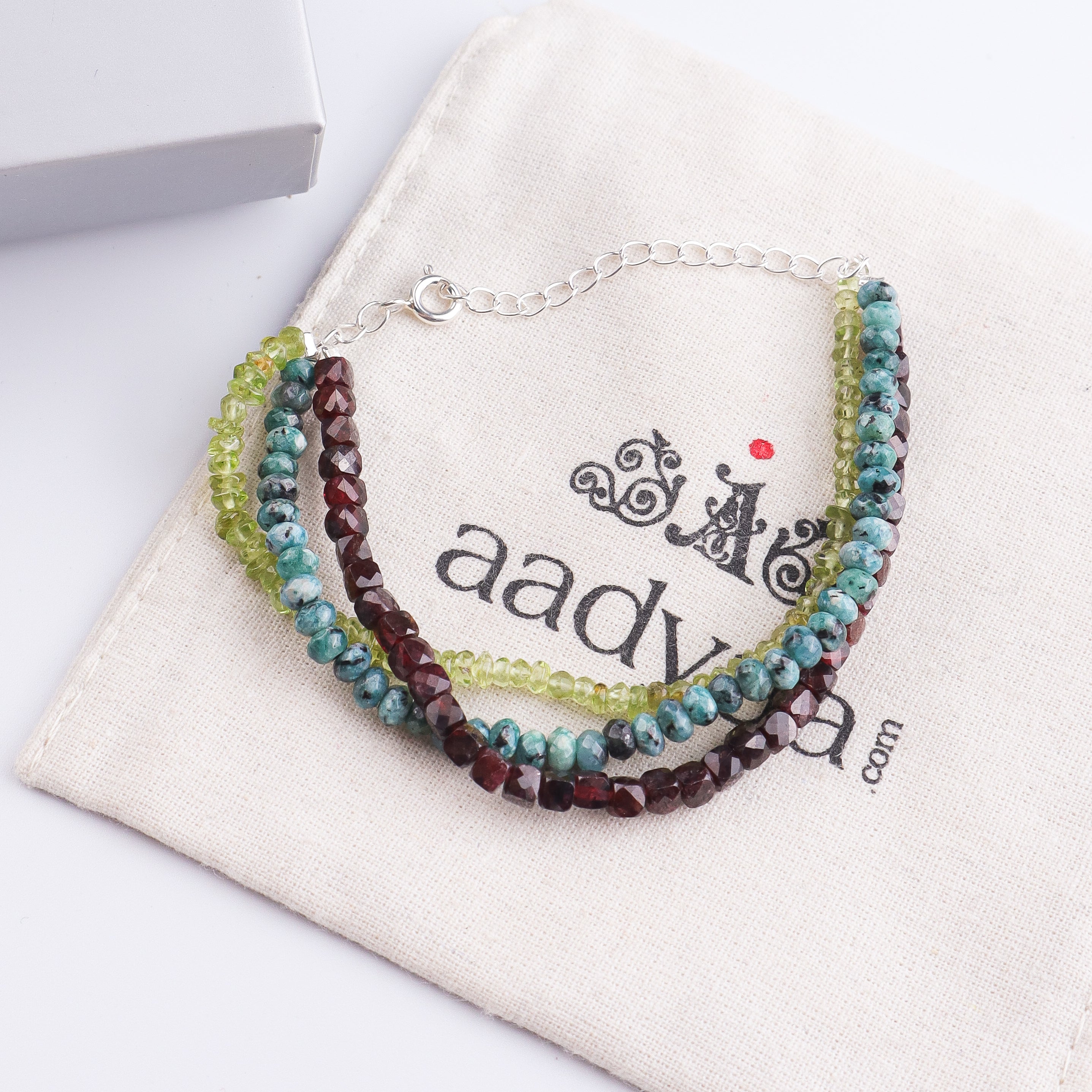 Green Jade, Garnet & Peridot Silver Bracelet (Project Handmade)