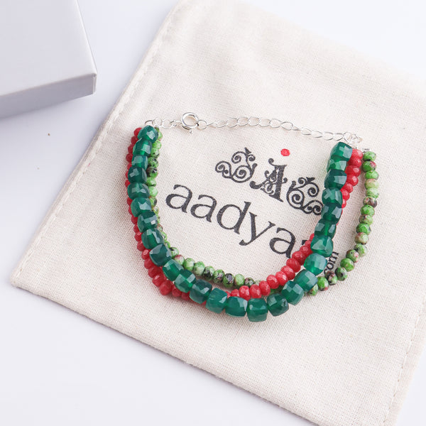 Green Onyx, Red & Green Jade Silver Bracelet (Project Handmade)