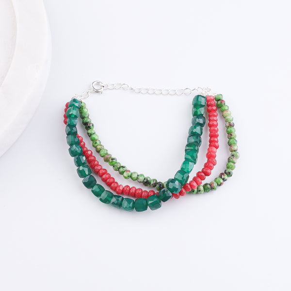 Green Onyx, Red & Green Jade Silver Bracelet (Project Handmade)