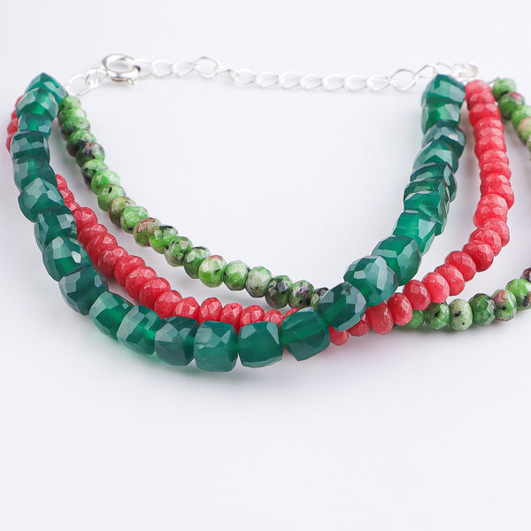 Green Onyx, Red & Green Jade Silver Bracelet (Project Handmade)