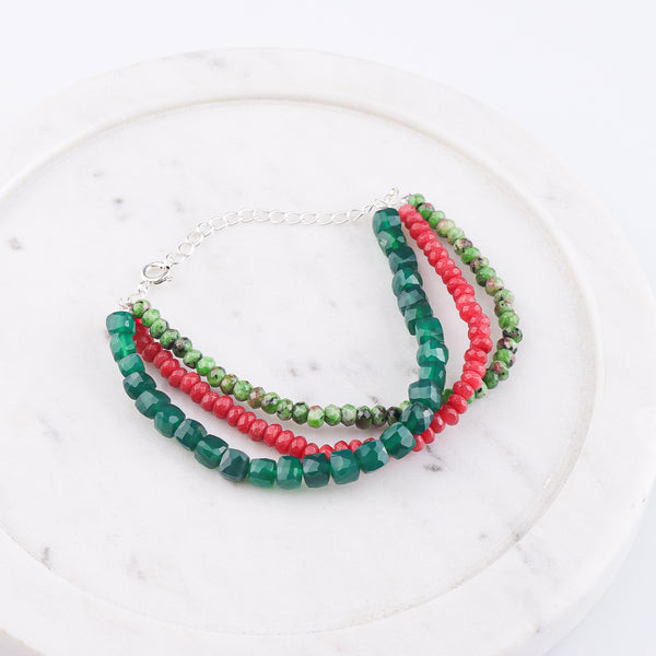 Green Onyx, Red & Green Jade Silver Bracelet (Project Handmade)