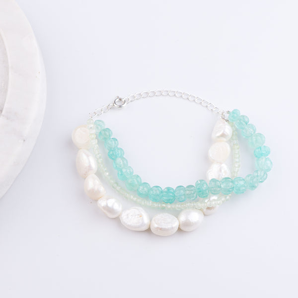Freshwater Pearl, Carved Pumpkin Aqua Fluorite & Peridot Silver Bracelet (Project Handmade)