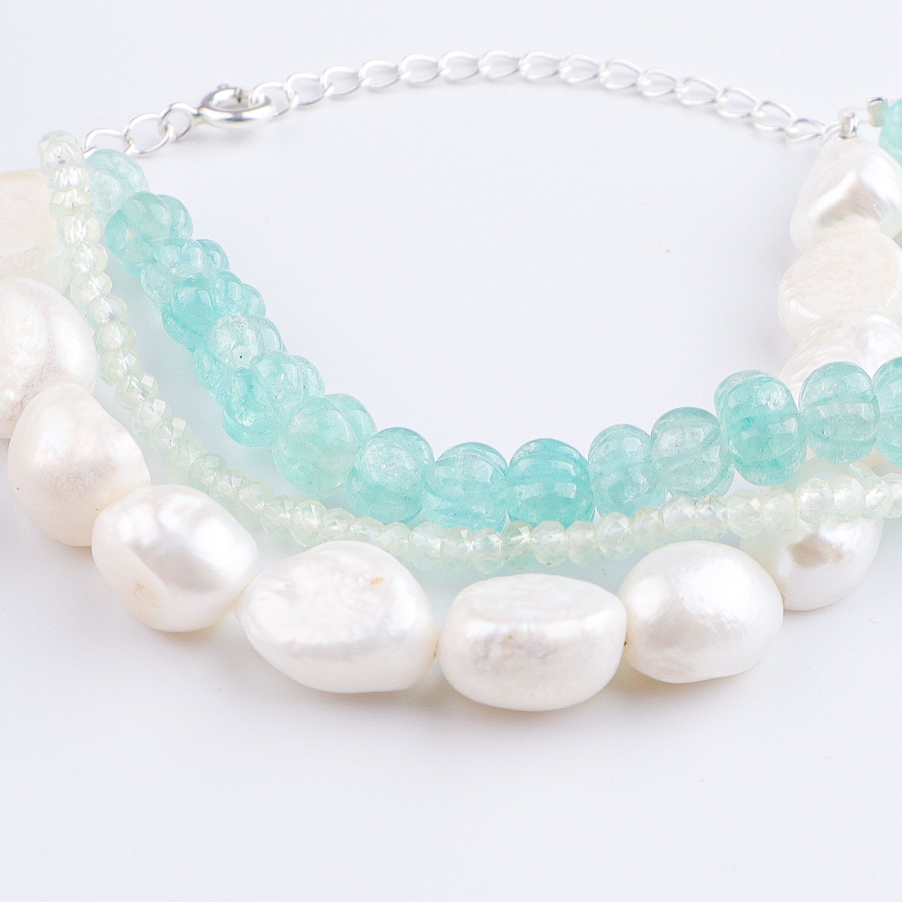 Freshwater Pearl, Carved Pumpkin Aqua Fluorite & Peridot Silver Bracelet (Project Handmade)