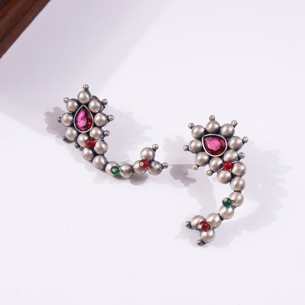 Maharashtrian Nath earrings with pink gemstone and silver beads