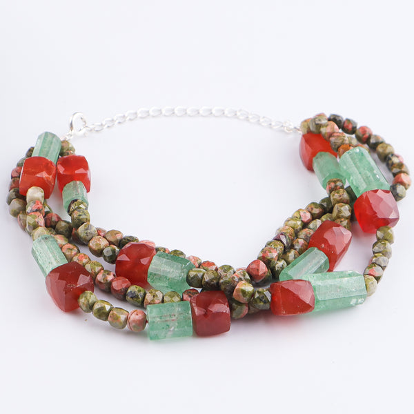 Unakite, Russian Quartz & Carnelian Silver Bracelet (Project Handmade)