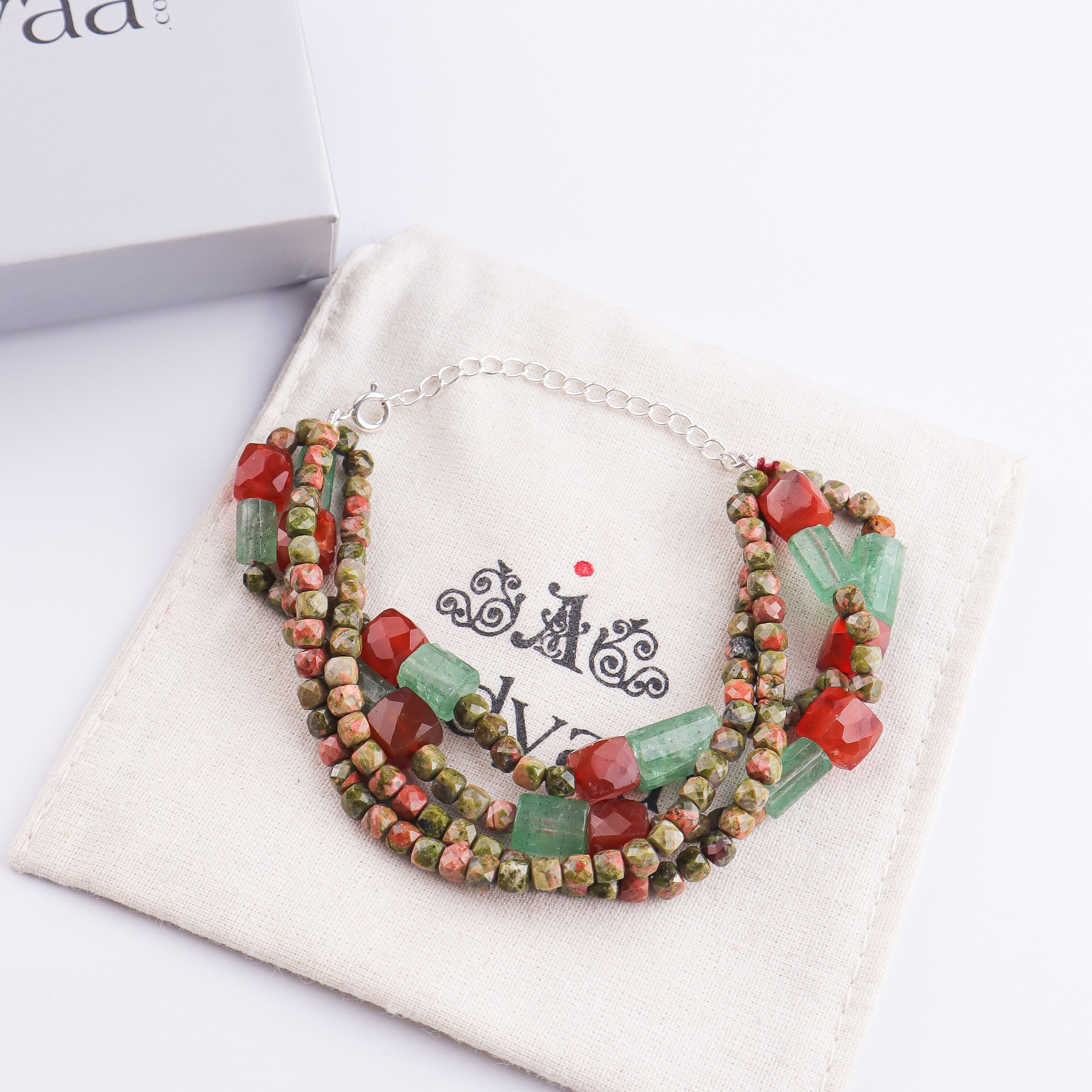 Unakite, Russian Quartz & Carnelian Silver Bracelet (Project Handmade)