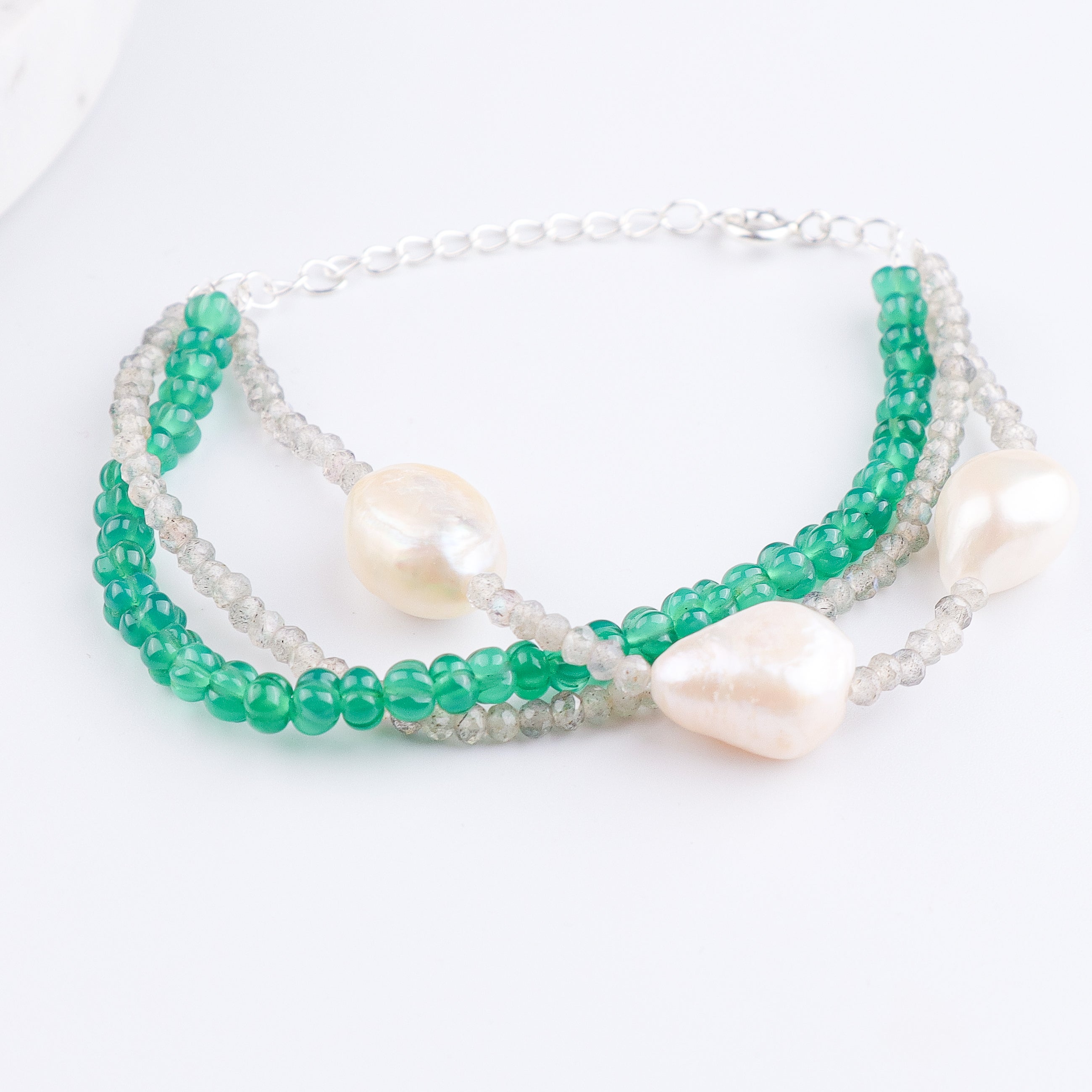 Green Onyx, Labradorite & Freshwater Pearl Silver Bracelet (Project Handmade)