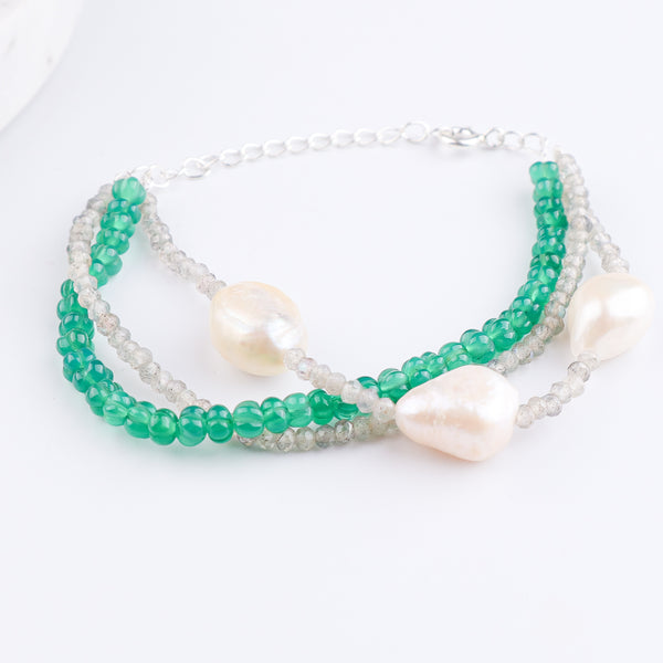 Green Onyx, Labradorite & Freshwater Pearl Silver Bracelet (Project Handmade)