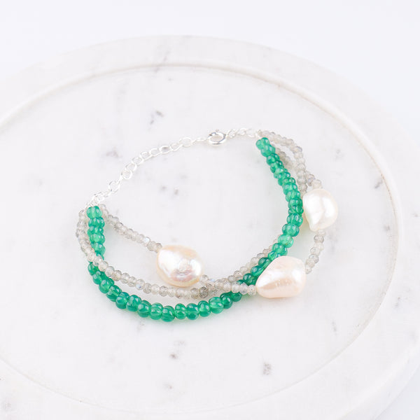 Green Onyx, Labradorite & Freshwater Pearl Silver Bracelet (Project Handmade)