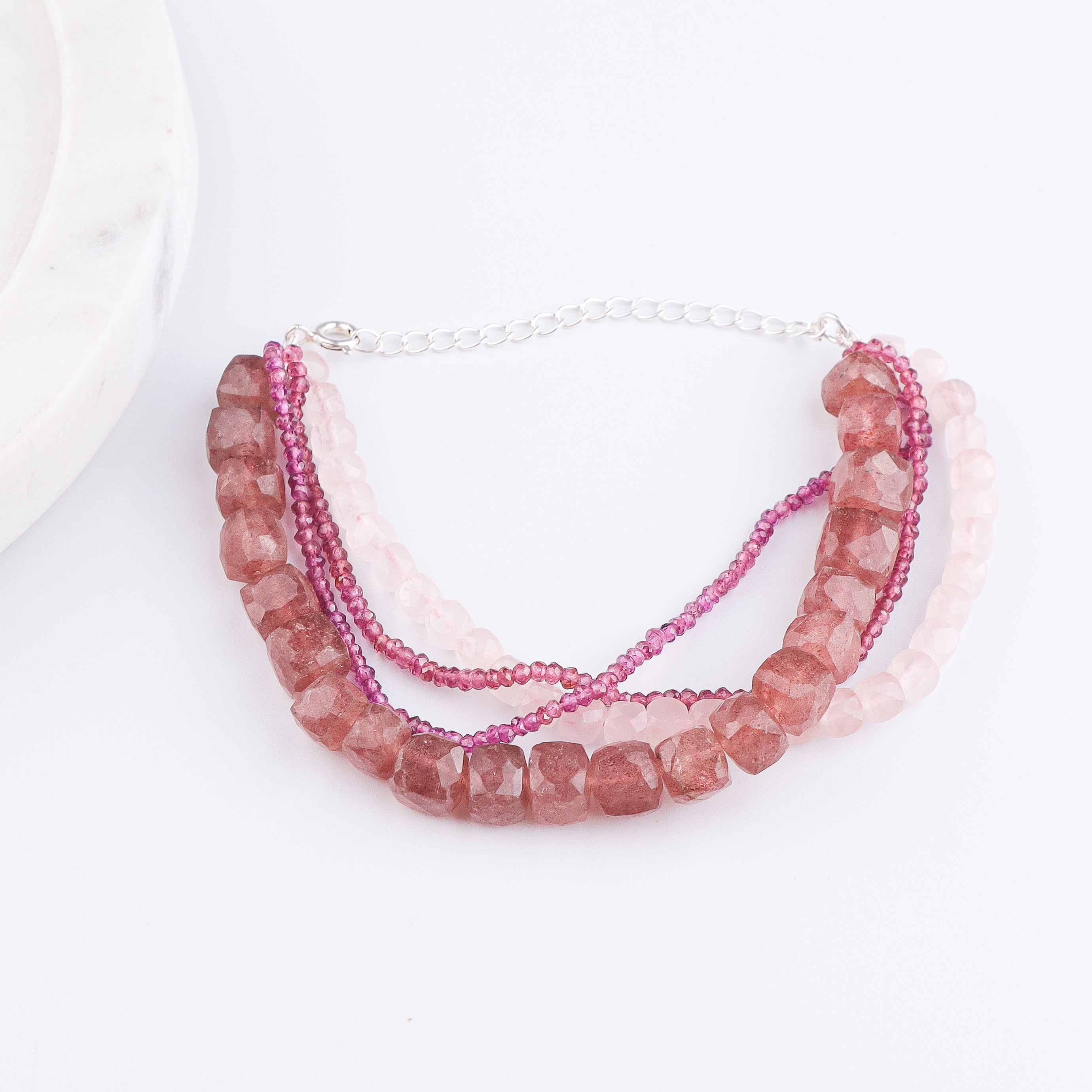 Strawberry Quartz, Rose Quartz & Lab Grown Ruby Silver Bracelet (Project Handmade)