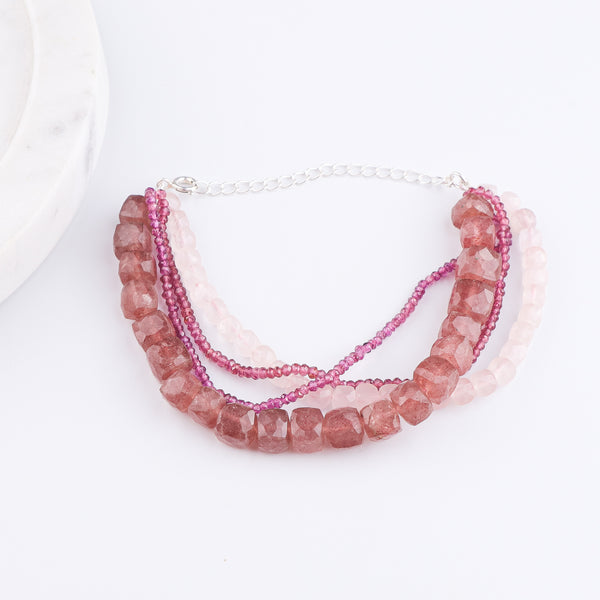 Strawberry Quartz, Rose Quartz & Lab Grown Ruby Silver Bracelet (Project Handmade)