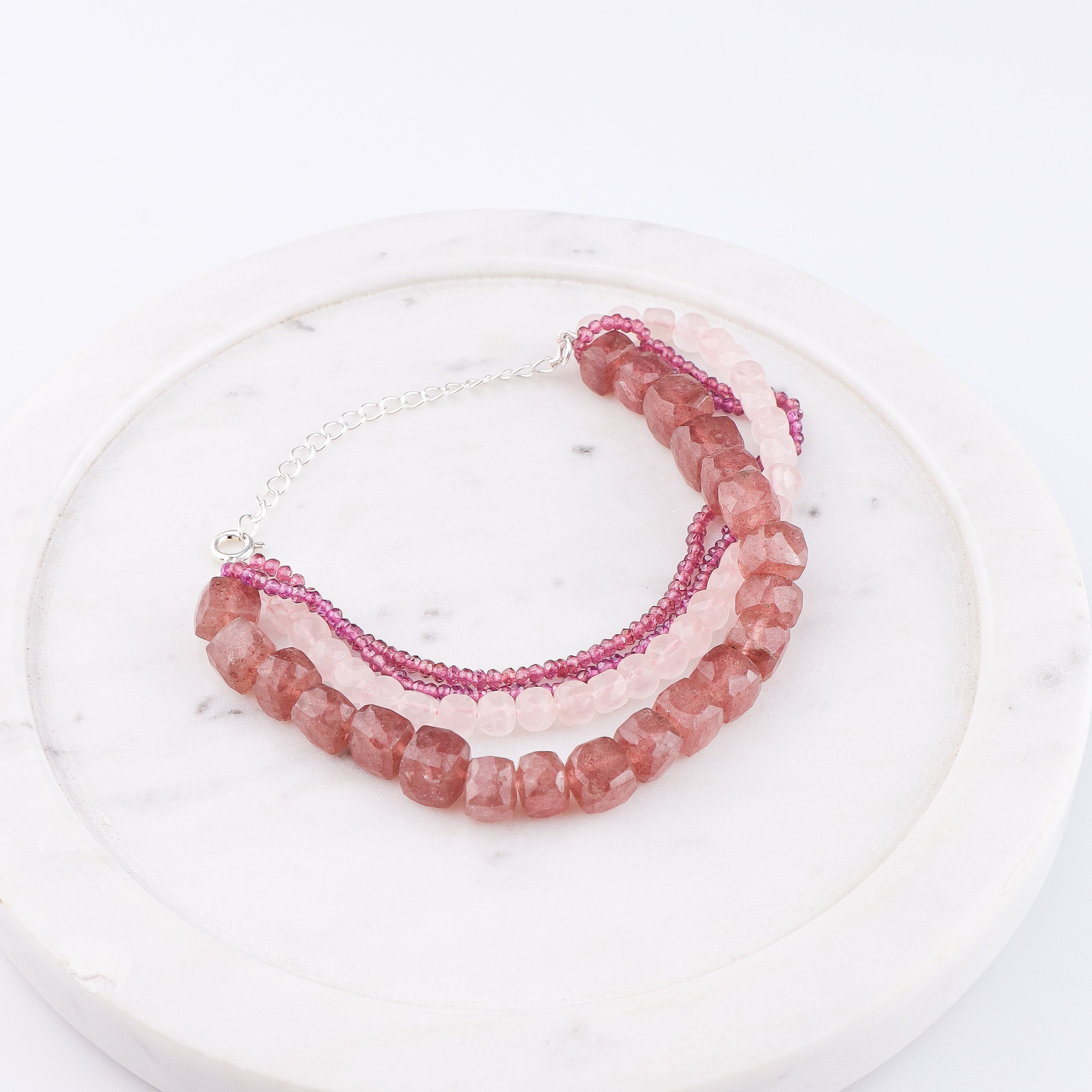 Strawberry Quartz, Rose Quartz & Lab Grown Ruby Silver Bracelet (Project Handmade)
