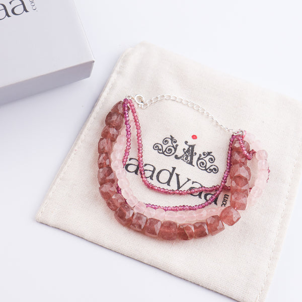 Strawberry Quartz, Rose Quartz & Lab Grown Ruby Silver Bracelet (Project Handmade)